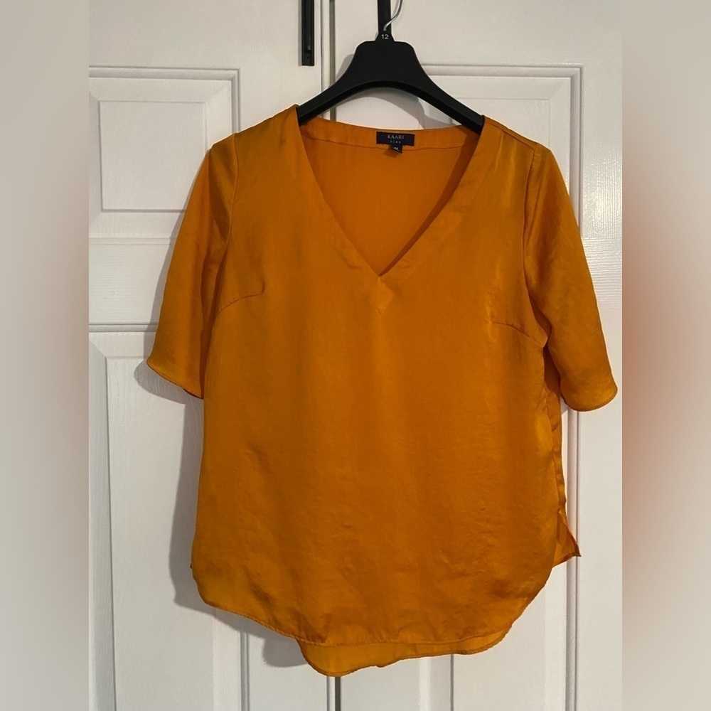 Kaari Blue Mustard Satin V-Neck Blouse- Size Medium